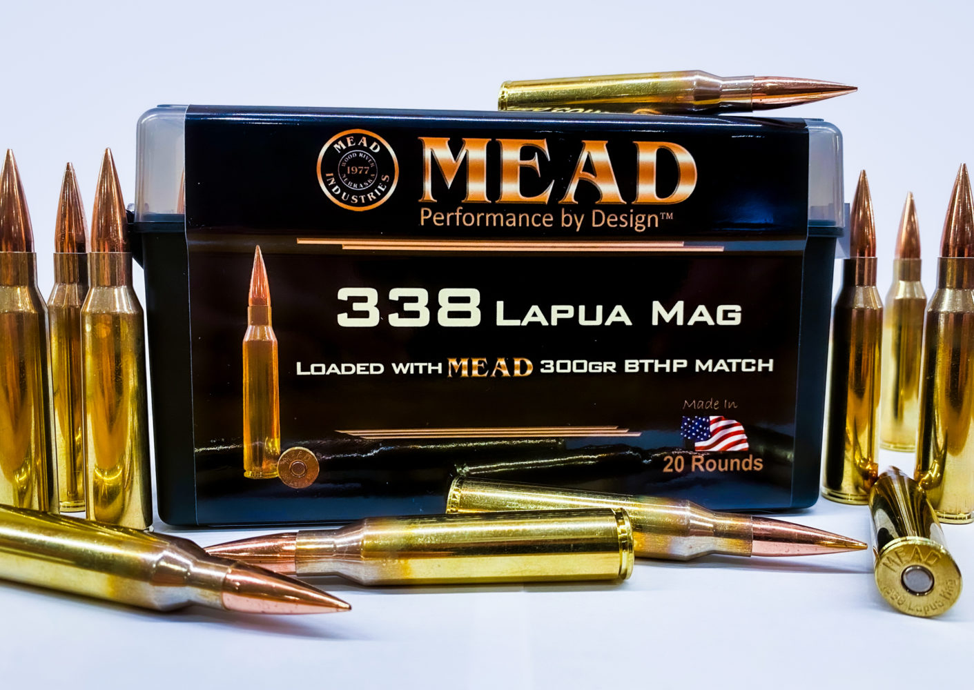Mead 338 Lapua Magnum 300gr BTHP Match Ammunition! Free 20 Round Ammo Box!