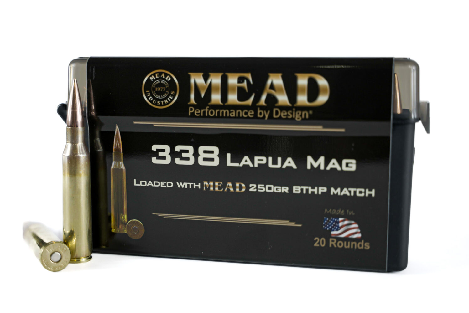 Mead 338 Lapua Magnum 250gr Bthp Match 20 Round Box Free Ammo Box Mead Industries Inc 