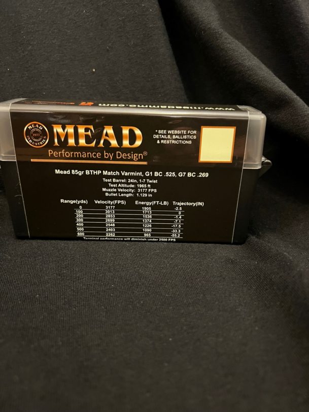 Mead 22 Creedmoor 85gr Bthp Match 20 Rounds New Brass Mead Industries Inc 