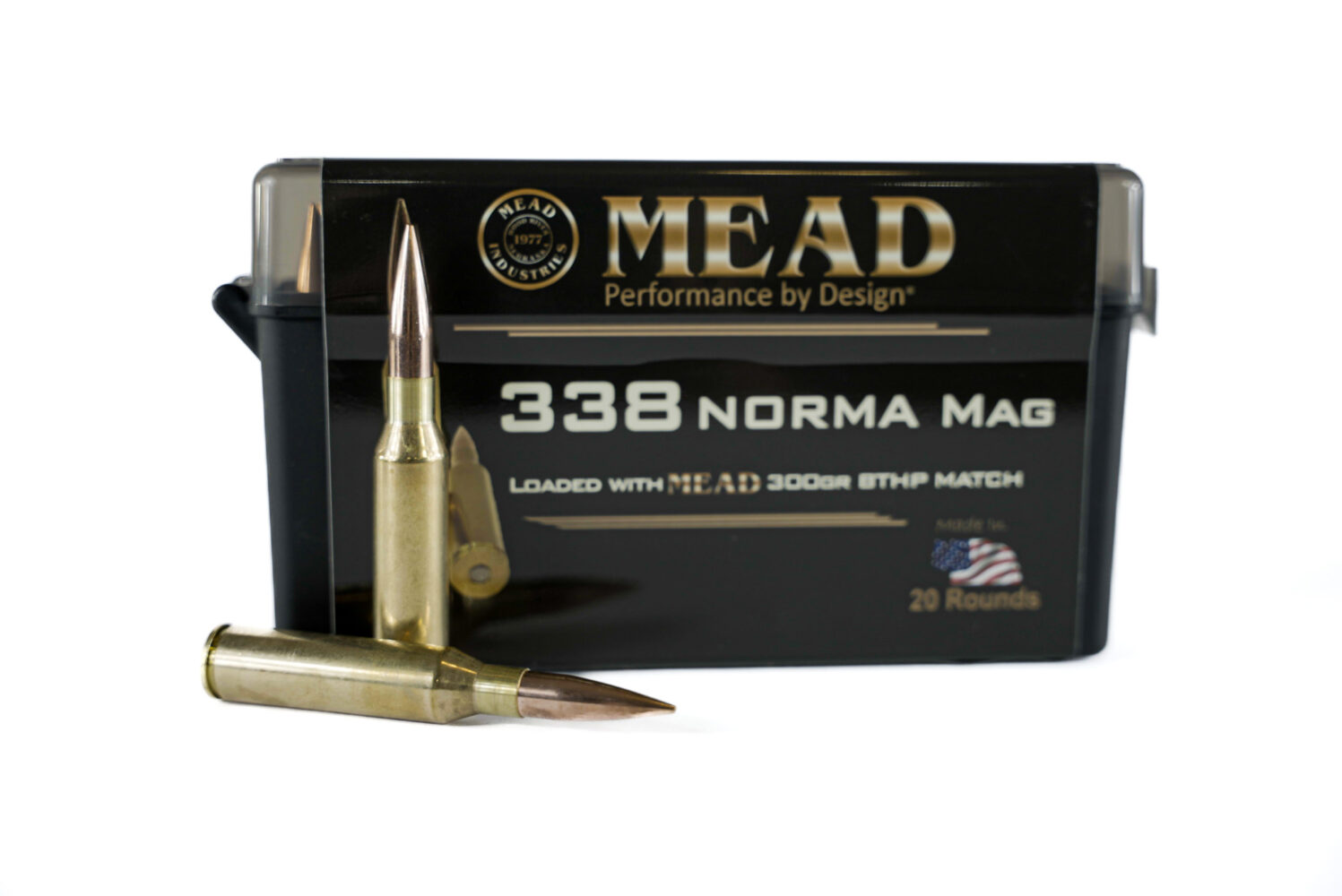 Made In The Usa Mead 338 Norma Mag 300gr Bthp Match 20 Rounds Free Ammo Box Mead